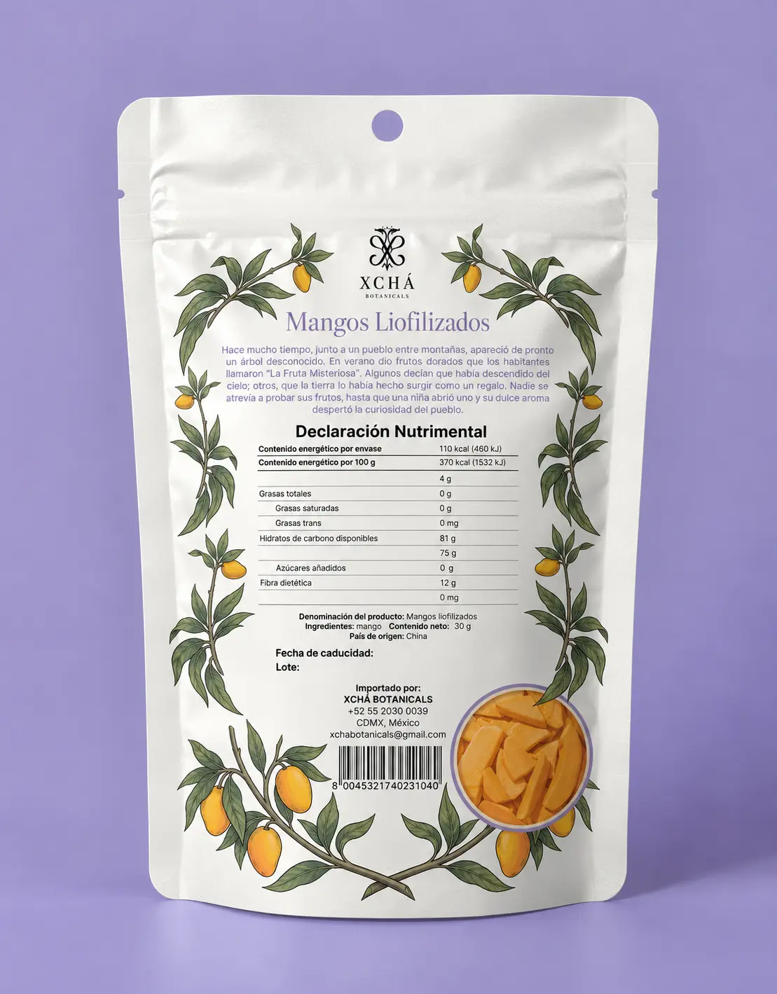 Bolsa XCHÁ de mango liofilizado con ilustración de un mango junto a montañas y pagoda, reverso del empaque