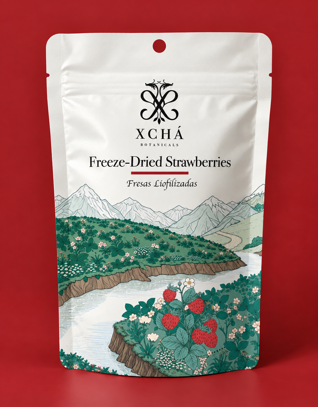 Bolsa XCHÁ de fresa liofilizada con ilustración de un río entre montañas y fresas silvestres