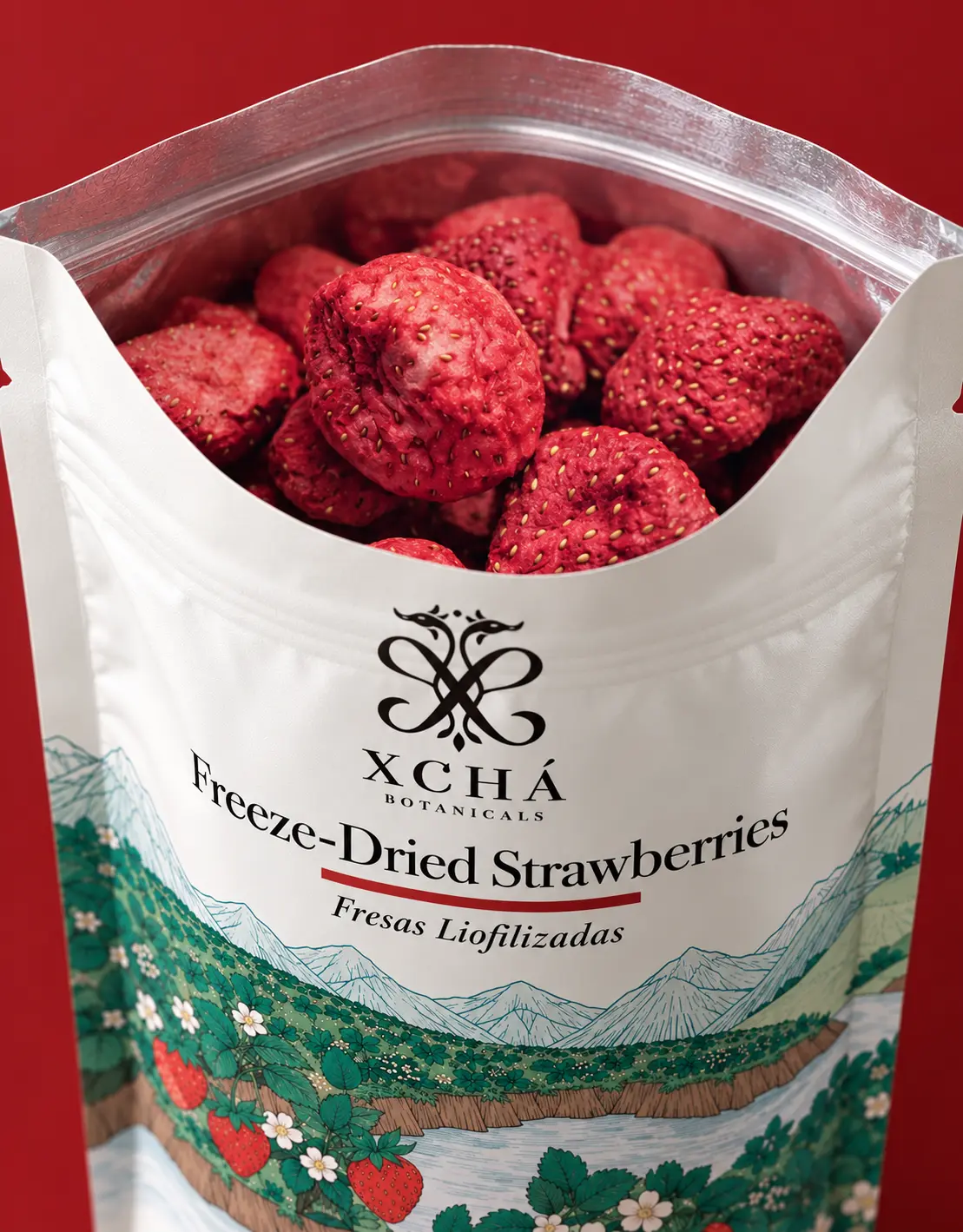Bolsa XCHÁ de fresa liofilizada con ilustración de un río entre montañas y fresas silvestres, producto abierto