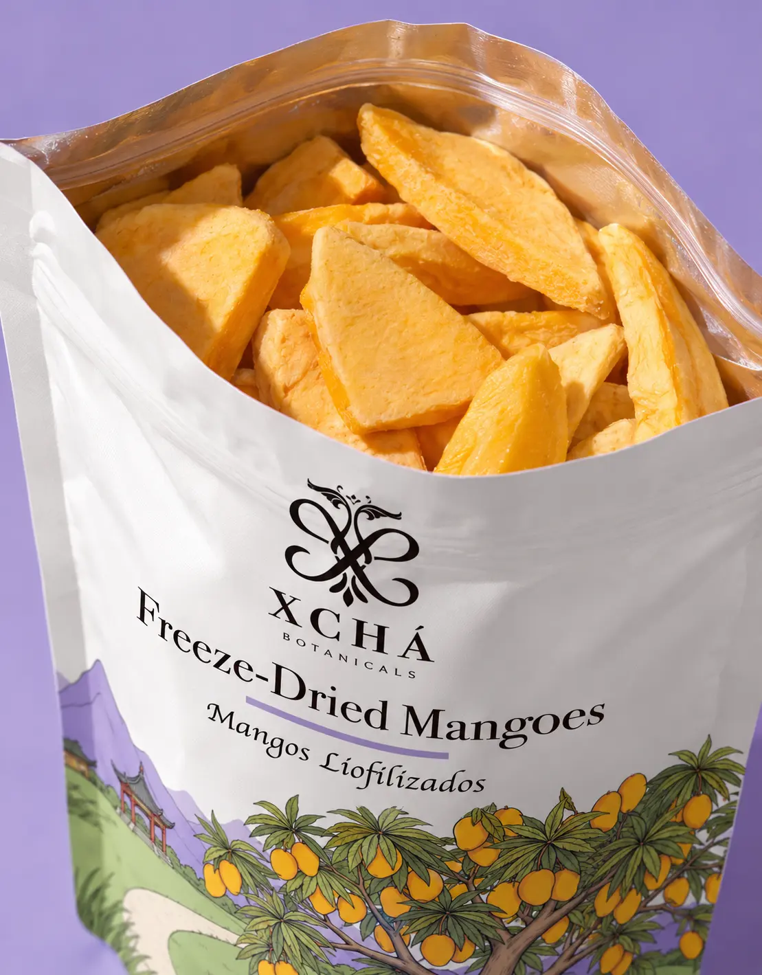 Bolsa XCHÁ de mango liofilizado con ilustración de un mango junto a montañas y pagoda, producto abierto