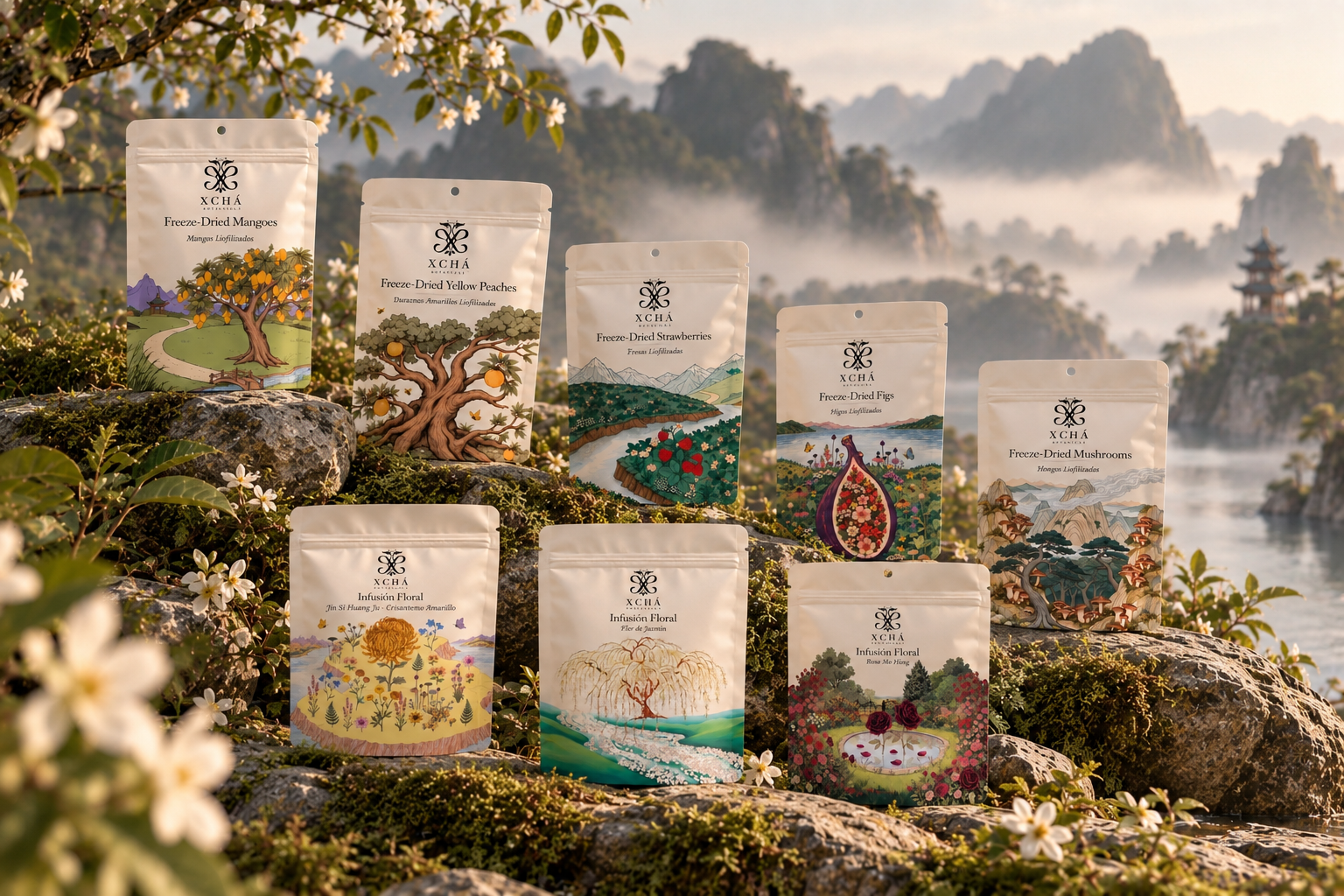 Colección XCHÁ de infusiones y frutas en un jardín entre montañas