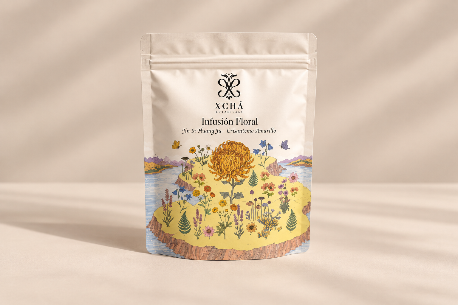Bolsa XCHÁ de Infusión Floral Jin Si Huang Ju - Crisantemo Amarillo con ilustración de un crisantemo entre flores silvestres