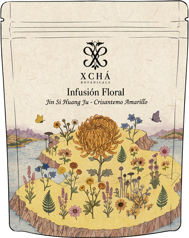 Bolsa XCHÁ de Infusión Floral Jin Si Huang Ju - Crisantemo Amarillo con ilustración de un crisantemo entre flores silvestres