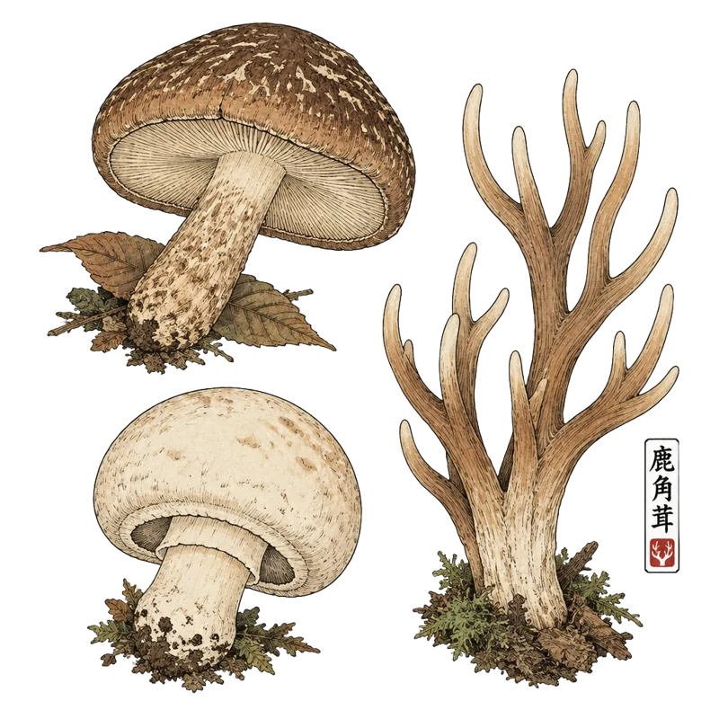 Ilustración de Shiitake, Asta de venado, Champiñón