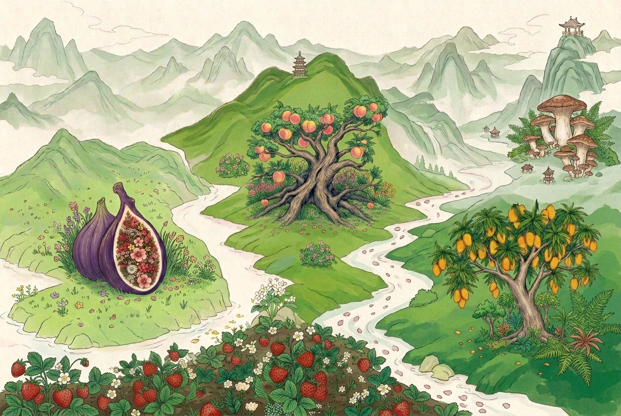 Mapa ilustrado del universo XCHÁ de la fruta: higo, durazno, mango, fresas y hongos entre montañas de estilo ukiyo-e