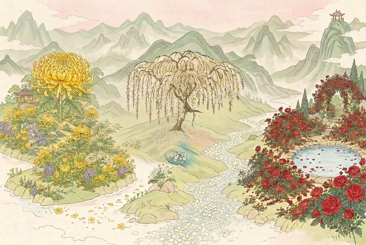 Mapa ilustrado del universo XCHÁ de las flores: crisantemo amarillo, árbol de jazmín y jardín de rosas entre montañas de estilo ukiyo-e