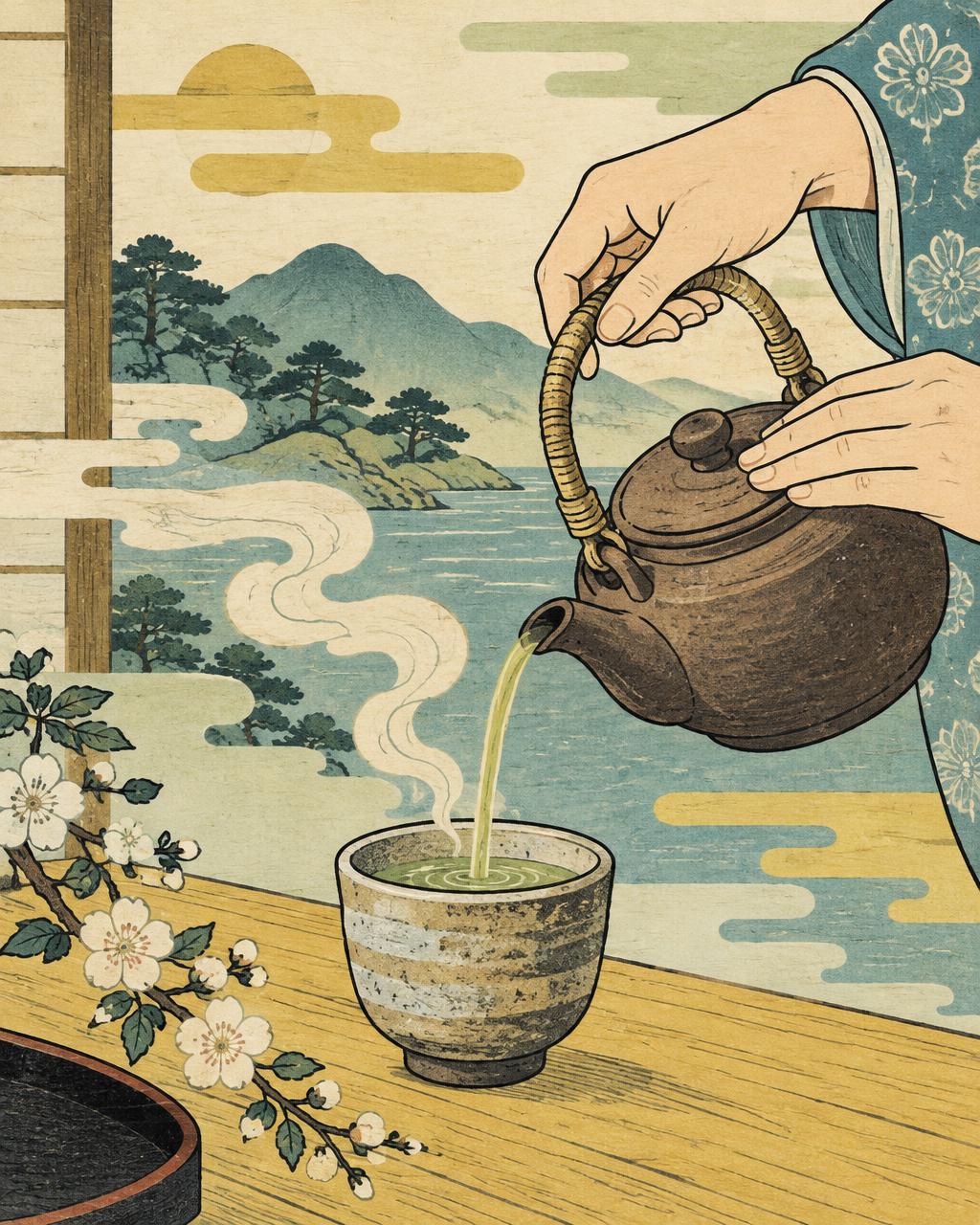 Manos sirviendo té en una ceremonia al aire libre, ilustración estilo ukiyo-e